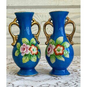 Vintage Pair 1950s Small Hand Painted Blue Flower Vases